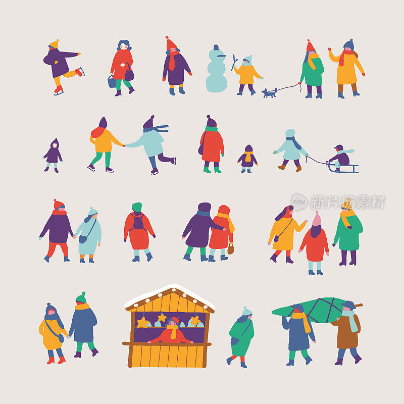 Winter people on Christmas market or holiday fair. Flat vector set